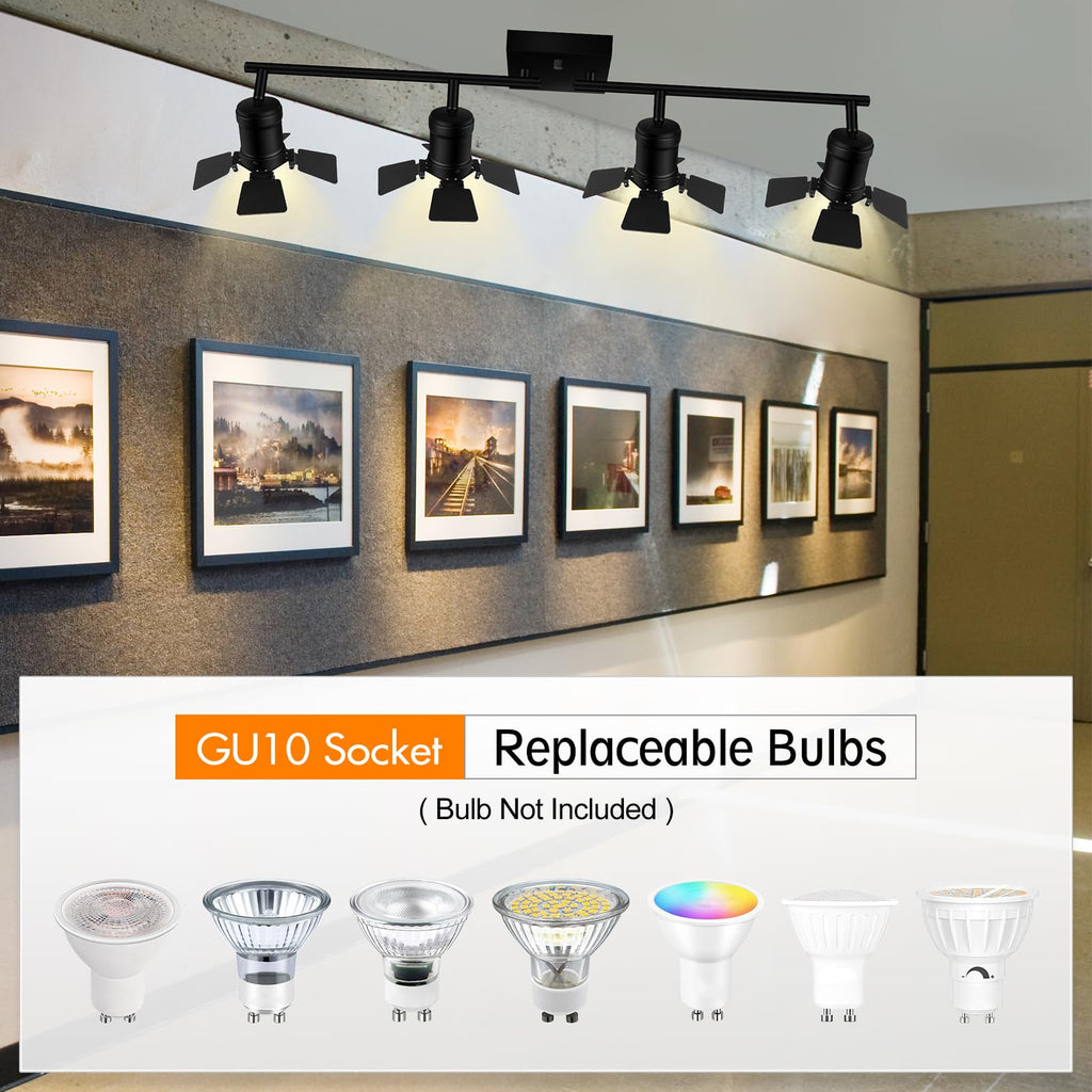 4 Light Track Lighting Fixtures Ceiling, Black Track Lighting with Rotatable Heads, Vintage Industrial Ceiling