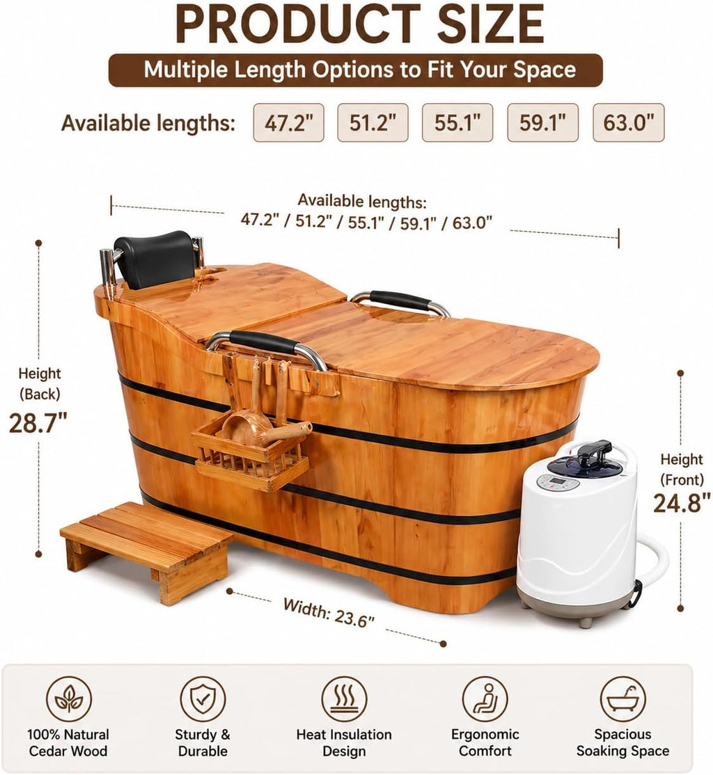 Cedar Wood Soaking Tub for Adults, Freestanding Wooden Bathtub with Lid & Steamer, Deep Japanese Style Bath Tub with Seat, Home Spa Bath Barrel (NW, 47.2 in)