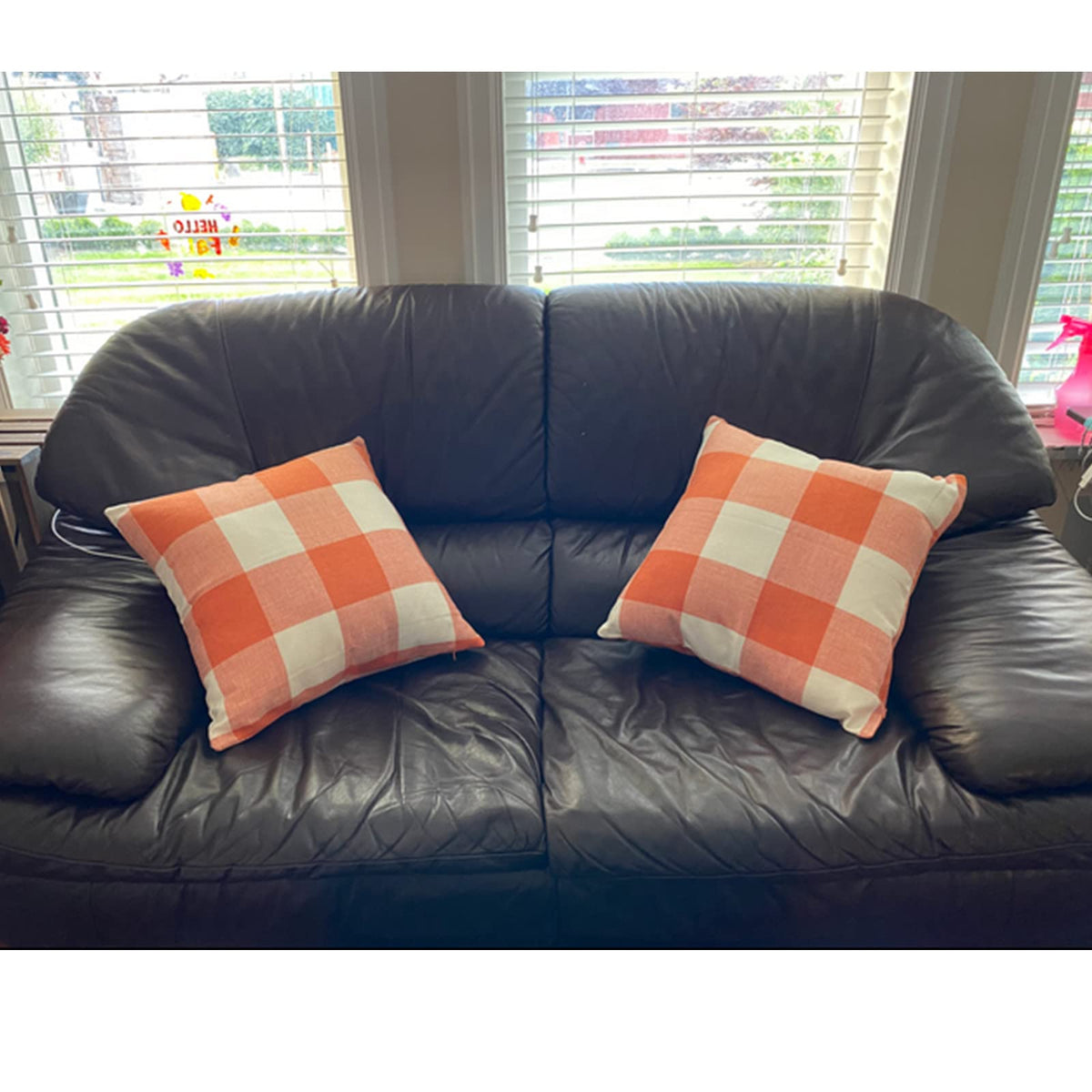 Outdoor Fall Throw Pillow Covers 22x22 Set of 2 Orange Buffalo Plaid