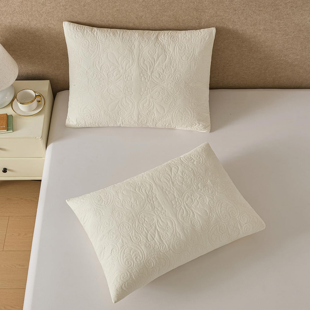 Quilted Pillow Shams Damask Ivory Medallion Set of 2 Embroidered