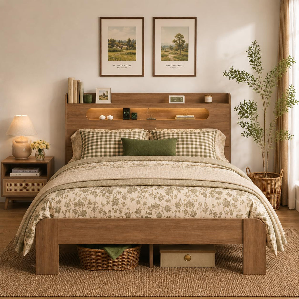 Wooden Queen Bed Frame with Storage Headboard, Farmhouse Platform