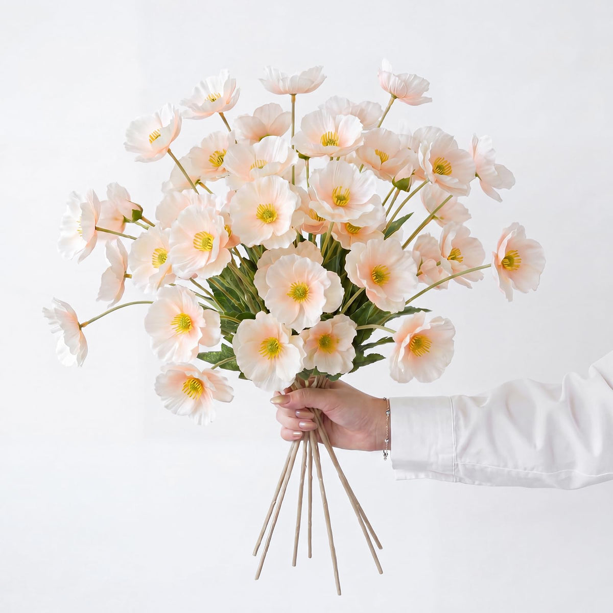 Champagne Artificial Ranunculus Flowers, 31.5" Tall Faux Silk Persian Buttercup 24 Heads Flower Stems with Leaves