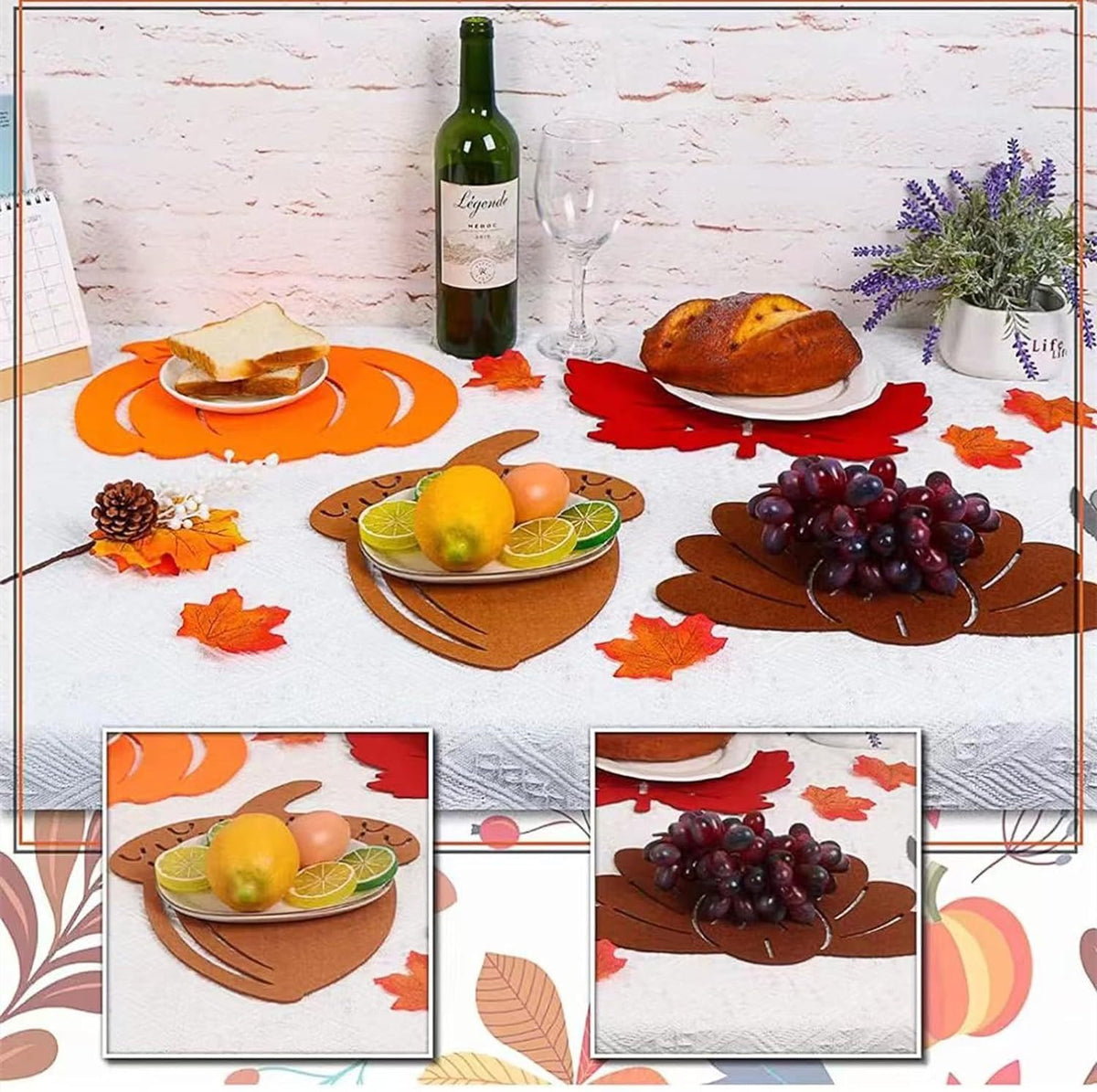 Felt Placemats Set of 8 Thanksgiving Maple Leaf Placemats Fall Harvest Pumpkins Placemats Heat Resistant Coasters