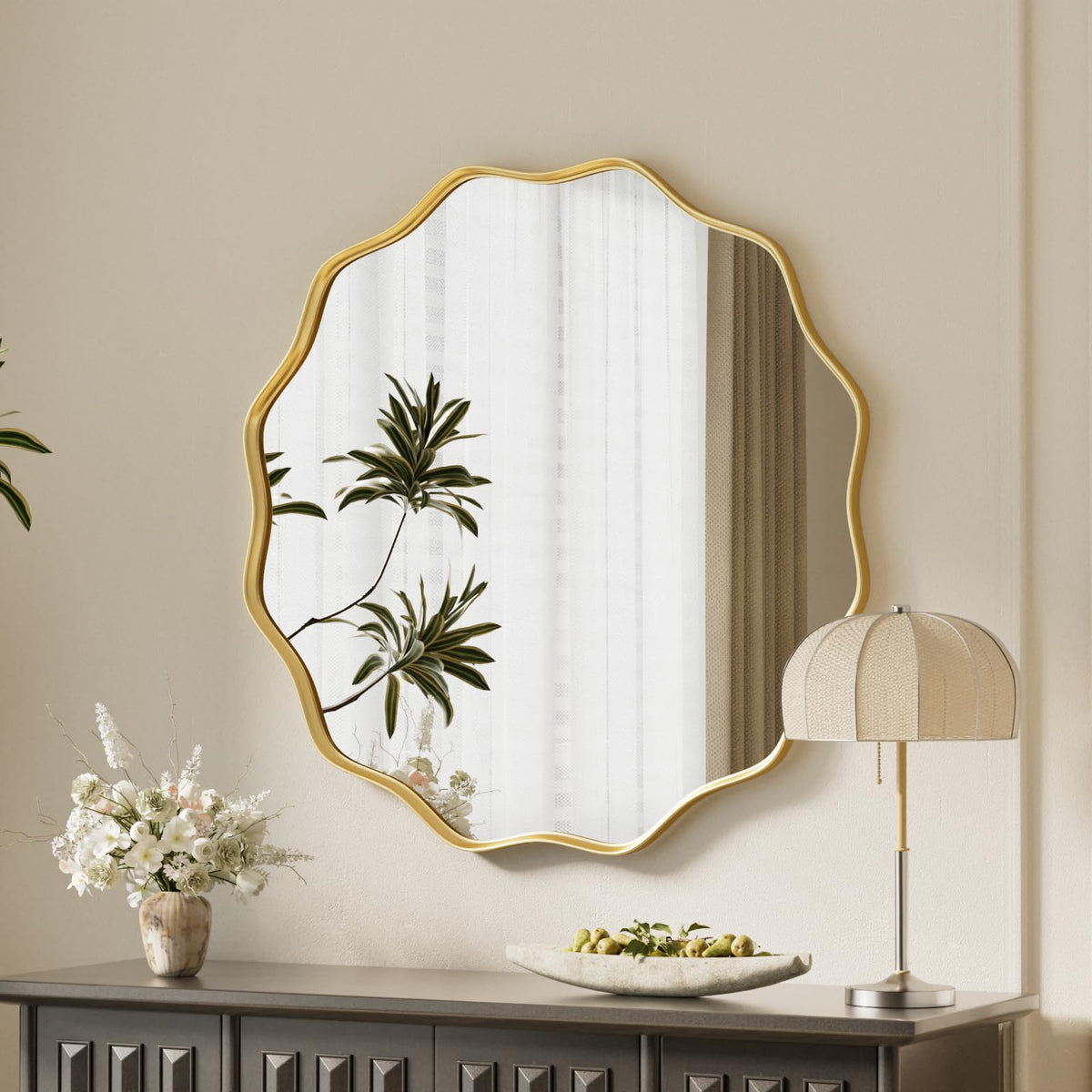 Gold Scalloped Circle Mirror, 20" Wavy Edge Round Wall Mirror