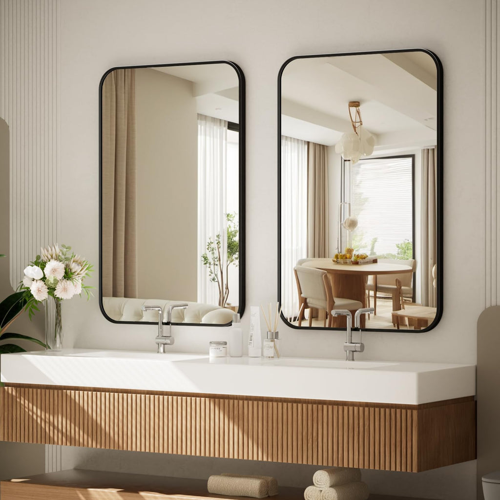 24" x 36" Rectangular Aluminum Alloy Frame Wall Mounted Bathroom Mirror with Rounded Corners, Black