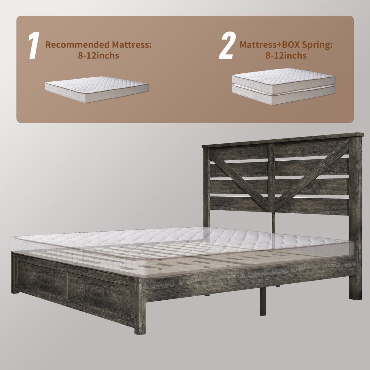 Farmhouse Wooden Bed Frame with 49.2" Headboard, Grey