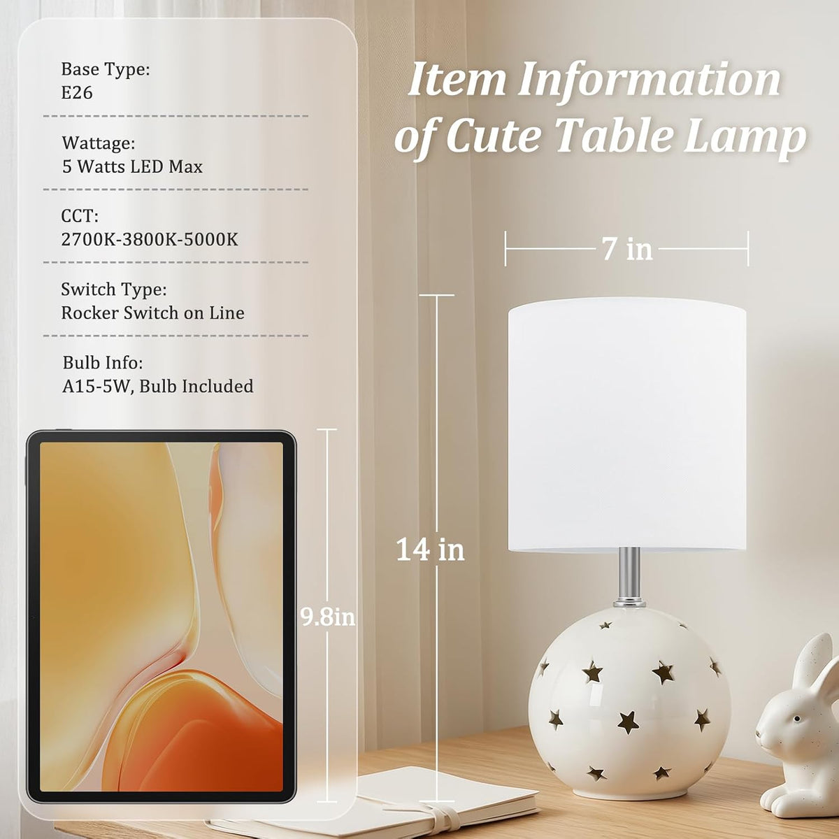 Small Table Lamp,14" White Ceramic Bedside Lamp for Girls Kids Bedroom,Dorm