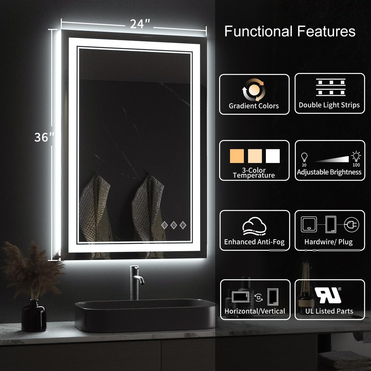 LED Mirror, 24x36 Inch Gradient Front and Backlight LED Bathroom Mirror, 3 Colors Dimmable CRI>90 Double Lights