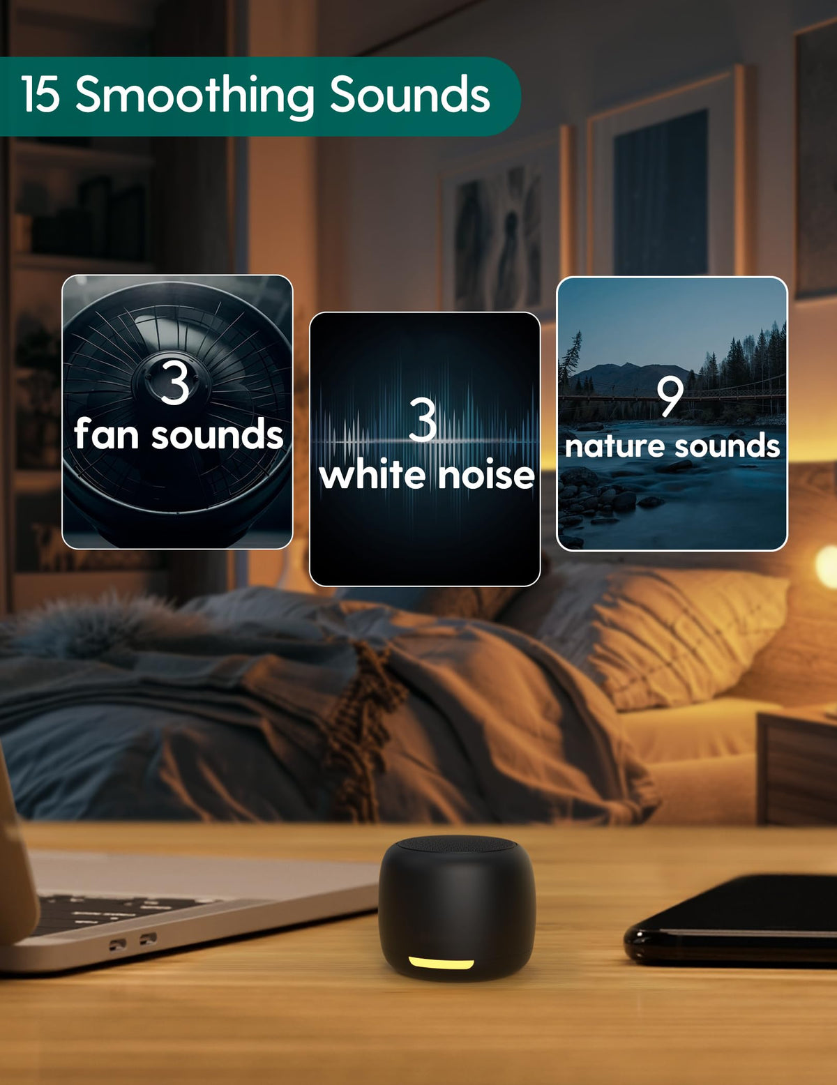 White Noise Sound Machine, Night Light, Mini and Portable, 15 Non-looping Sounds, Timer, Memory Function, for Adults