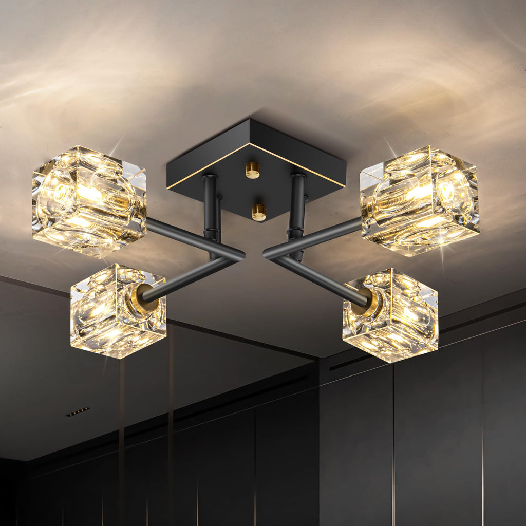 Modern Crystal Ceiling Light, Semi Flush Mount Ceiling Light Fixture with 4-Lights, Black and Gold Sputnik Chandeliers
