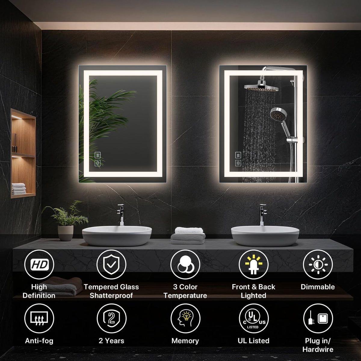 32”x24“ LED Bathroom Mirror with Light, Anti-Fog Wall Mount Vanity Mirror Dimmable & 3CCT, Memory Function