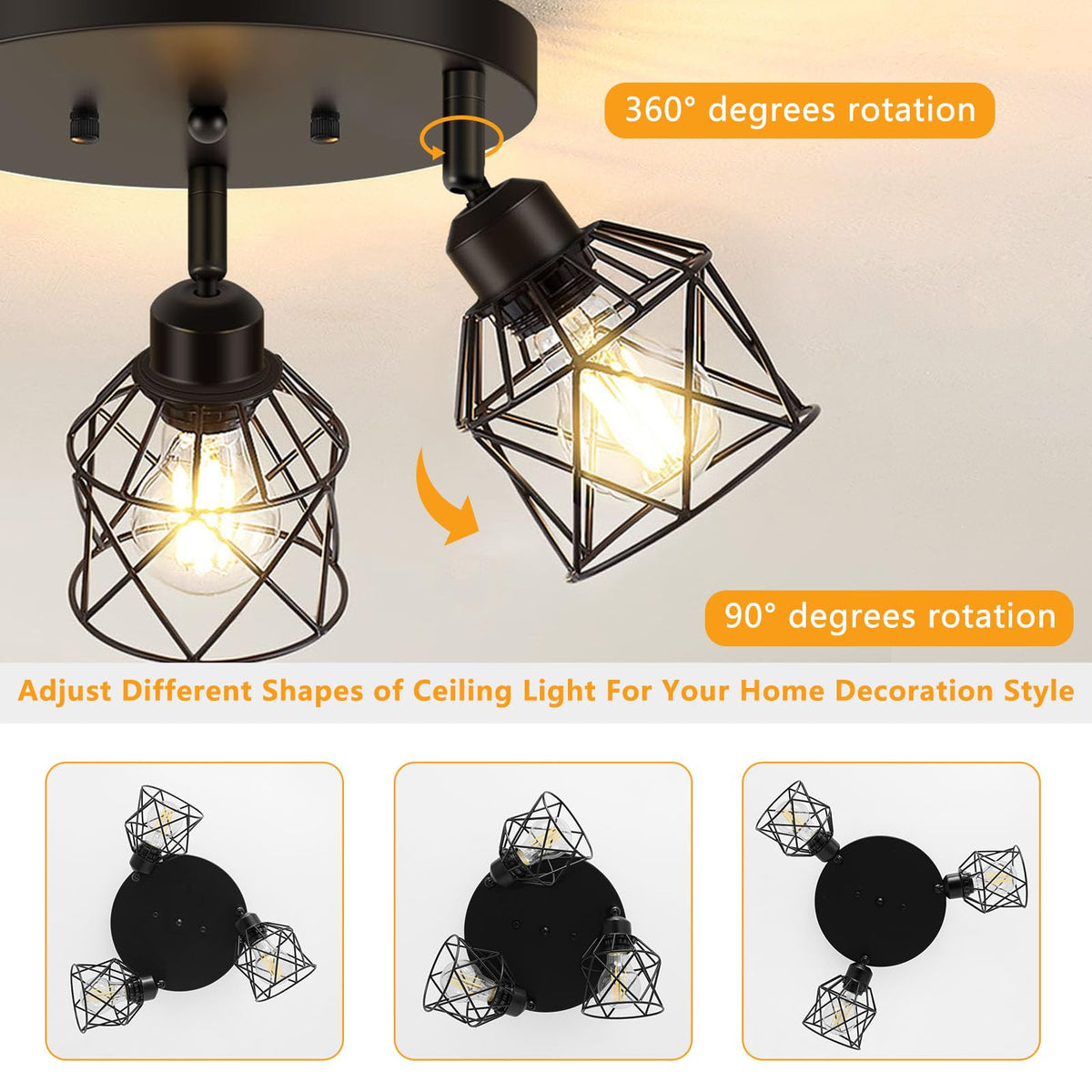 3-Light Kitchen Flush Mount Ceiling Light, Adjustable Multi-Directional Ceiling Light Fixture, Farmhouse Black Metal
