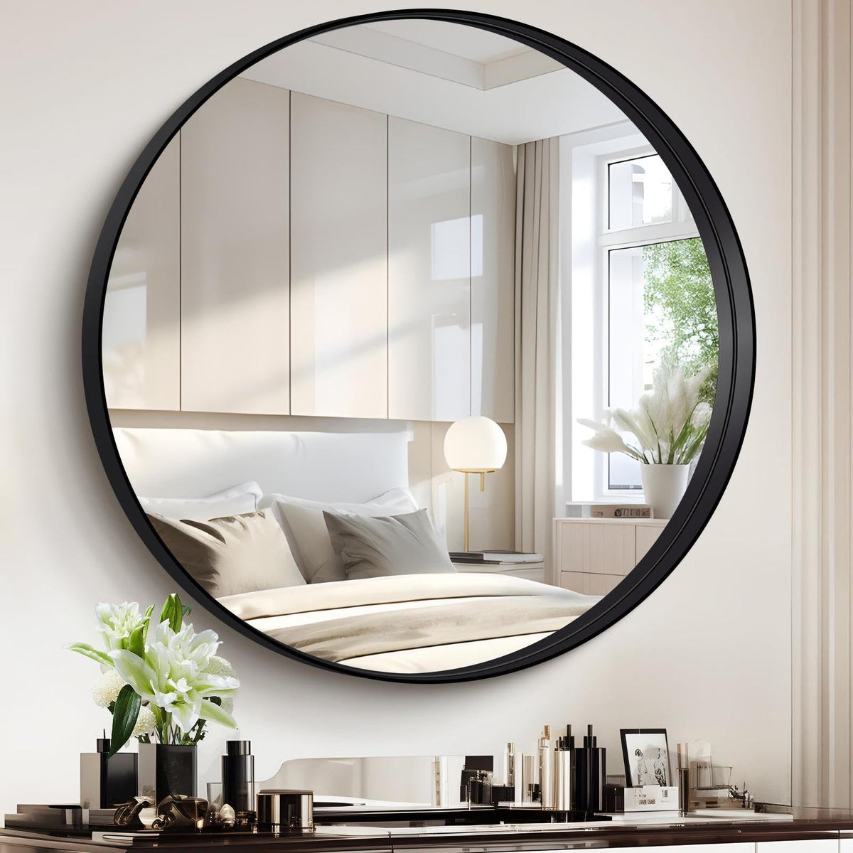 Black Round Mirror 36 inch Deep Frame Circle Mirror, Metal Framed Bathroom Mirror, Round Vanity Mirror, Circle