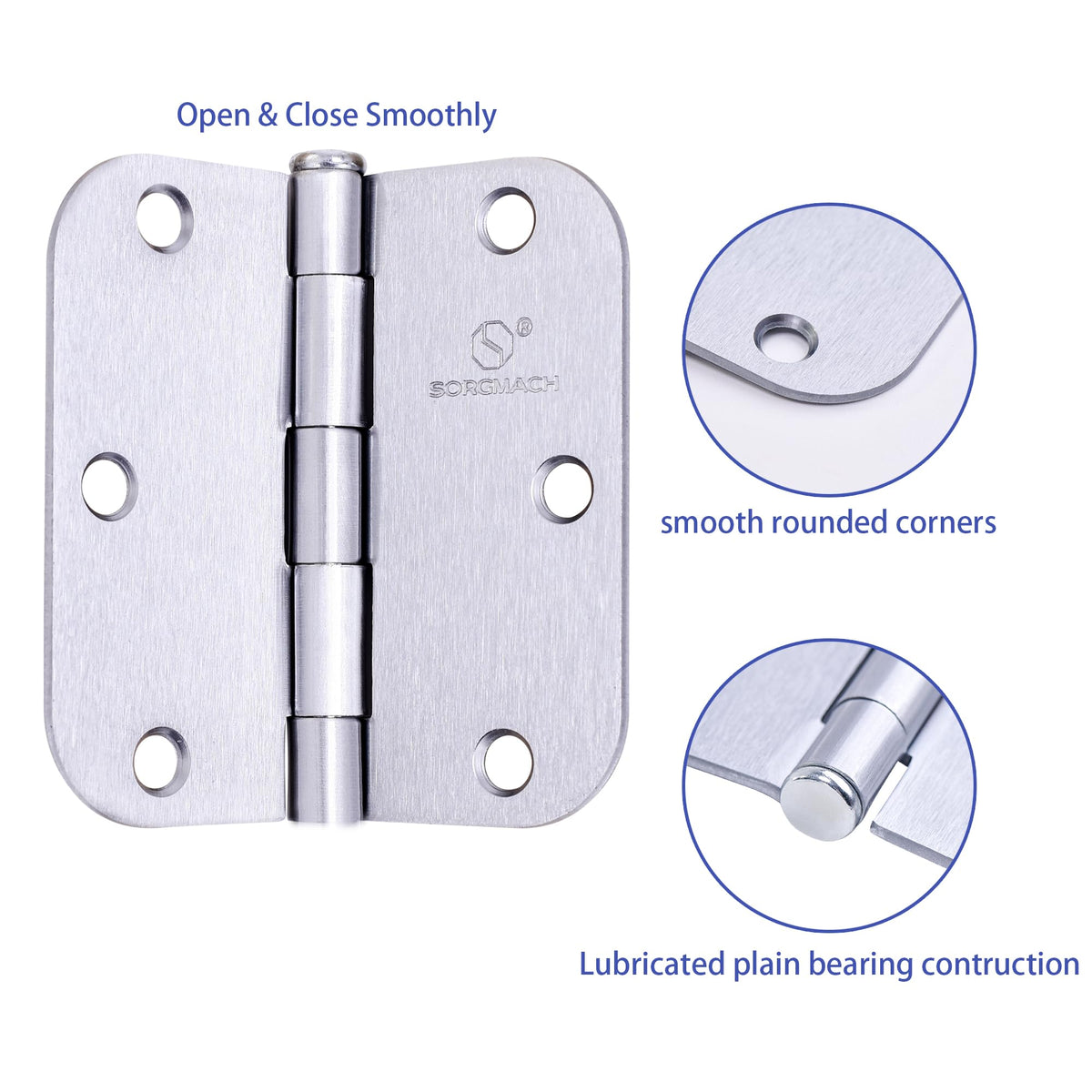 Door Hinge 3 1/2 Inch Interior Door Hinges Satin Chrome 3.5 Inch Interior Hinges 5/8" Radius Flat Iron Hinge 3 1⁄2"x