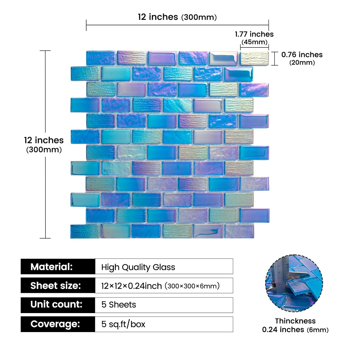 Glass Mosaic Tile Backsplash Fantasy Blue 12 x 12 Inch Glossy Pool Glass Tile for Swimming Kitchen Bathroom Shower