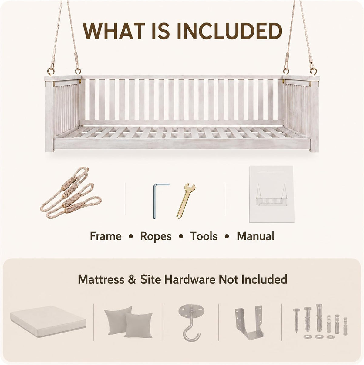 Outdoor Porch Swing Bed, Twin Size Acacia Wood Daybed (White) | Acacia Wood Frame, Hemp Ropes, Fits Twin Mattress