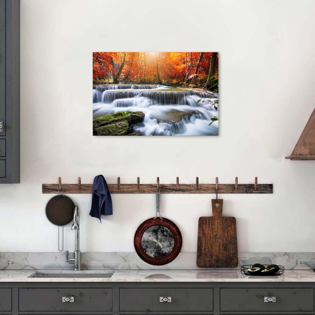 Fall Nature Sunset Wall Art Living Room Waterfall Mountains Picture Bedroom Bathroom Decor Autumn Maple Trees Scenery