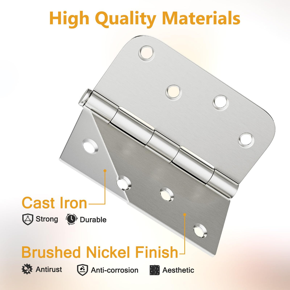 6 Pack Brushed Nickel Door Hinges 4 Inch, Exterior Door Hinges with Square & 5/8" Radius, Removable Pin, Perfect for