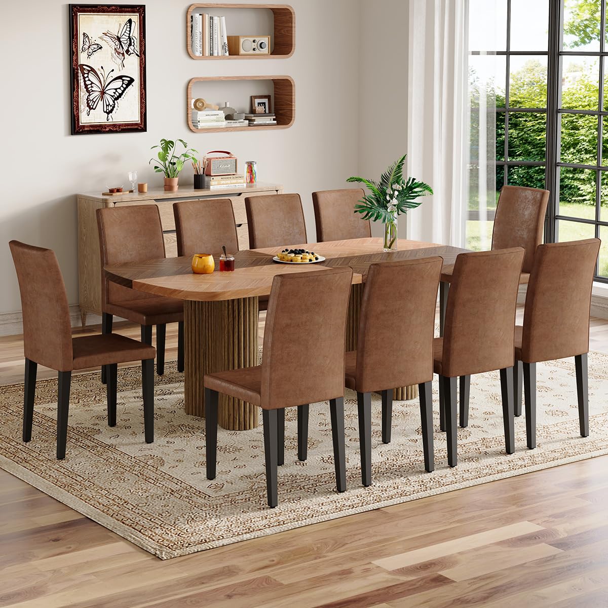 Dining Room Table Set for 10, Large 78.7" Rectangular Dining Table Set for 10 with Cushioned Chairs, Modern Mid-Century
