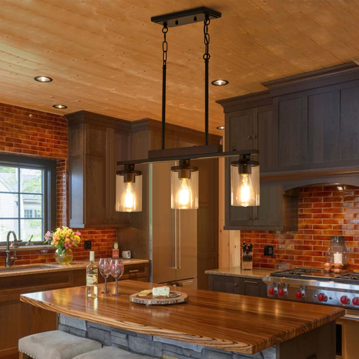 Wood Island Light /Restaurant,3-Light Farmhouse Dining Room Fixture/Chandelier Over Table/Bar,Matte Black Industrial