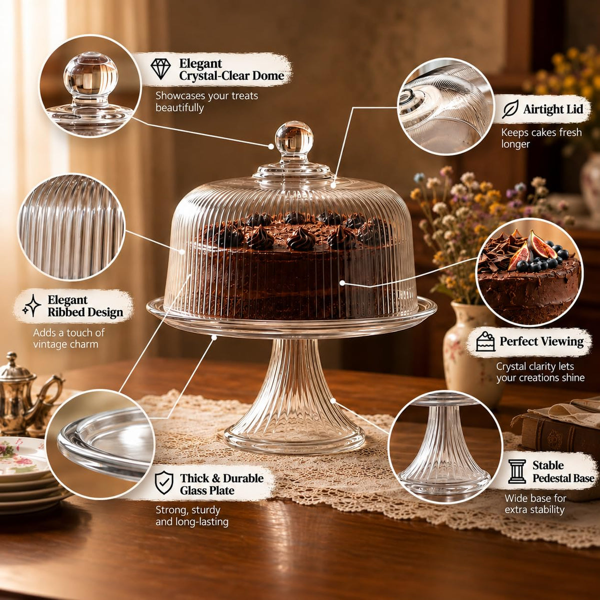 Vintage-Style Crystal Glass Cake Stand with Dome Lid - Elegant Dessert Display & Cake Holder for Cakes, Cupcakes