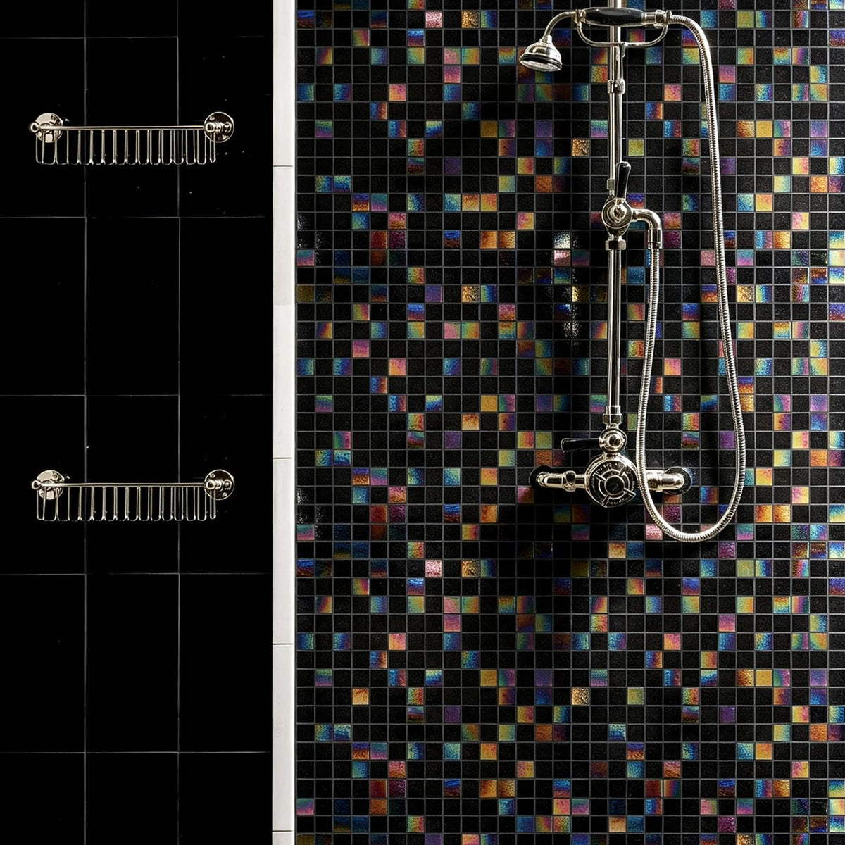 11.5 sq.ft Iridescent Black Glass Mosaic Tile for Bath, Pool, Backsplash