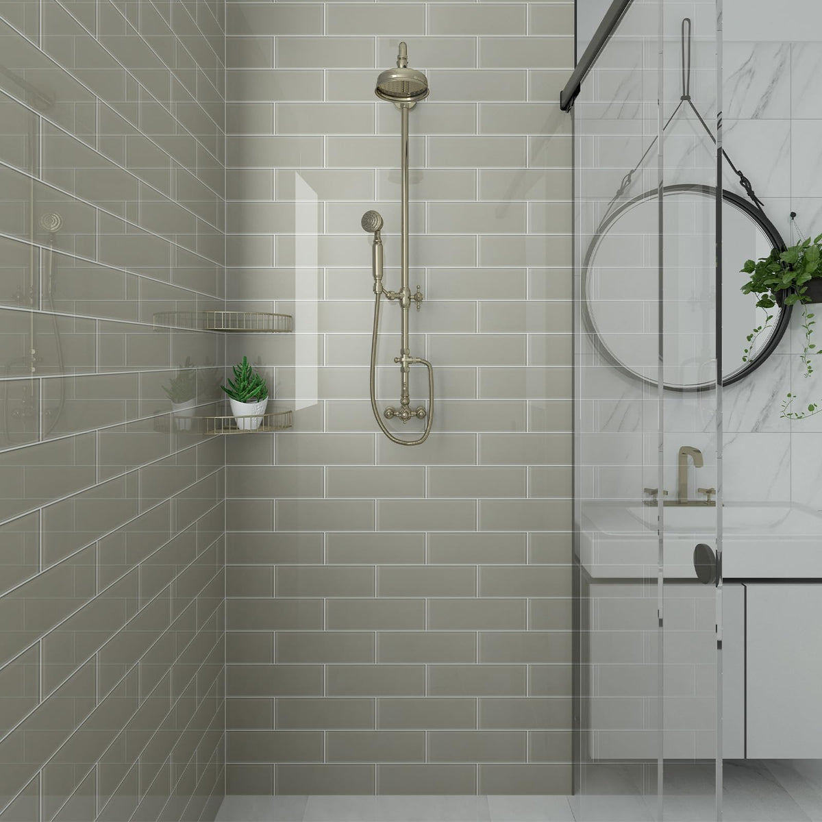 Warm Grey Glass Subway Tile, Glass Kitchen Shower Backsplash Wall, 4 x 12 Inches, 4 Sq.Ft.