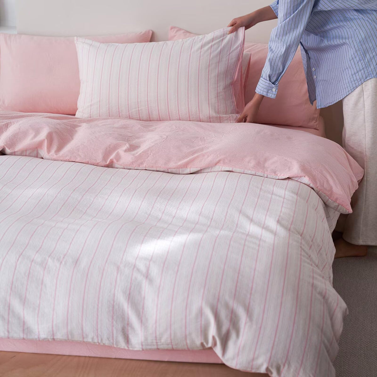 Pink Striped Duvet Cover, Cottagecore 100% Washed Cotton Duvet Cover