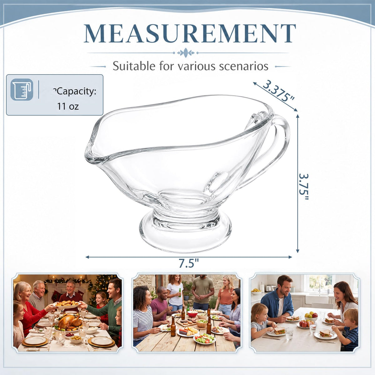 2 Pack 11 oz Saucy Glass Gravy Dish with Handle, Clear Gravy Sauce Boat for Dining, Holiday Meals & Parties