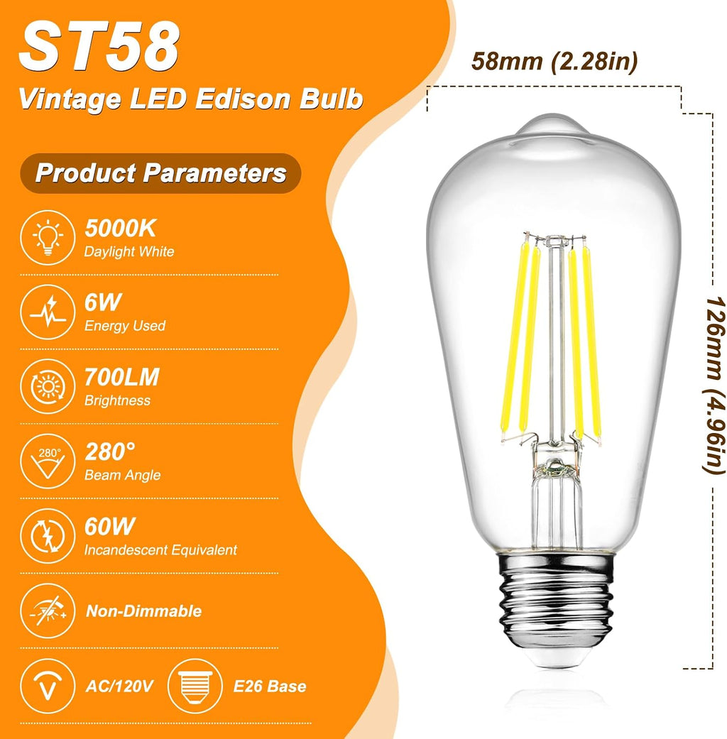 LED Edison Bulbs, E26 Base Vintage Light Bulb, 6W (60W Equivalent)