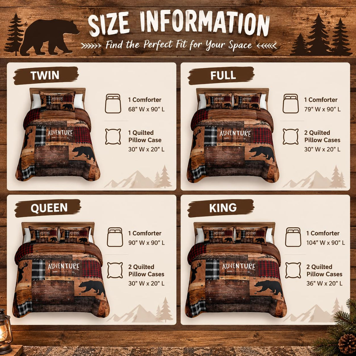 Cabin Comforter Set Brown Adventure Bear Quilt with 2 Pillowcases