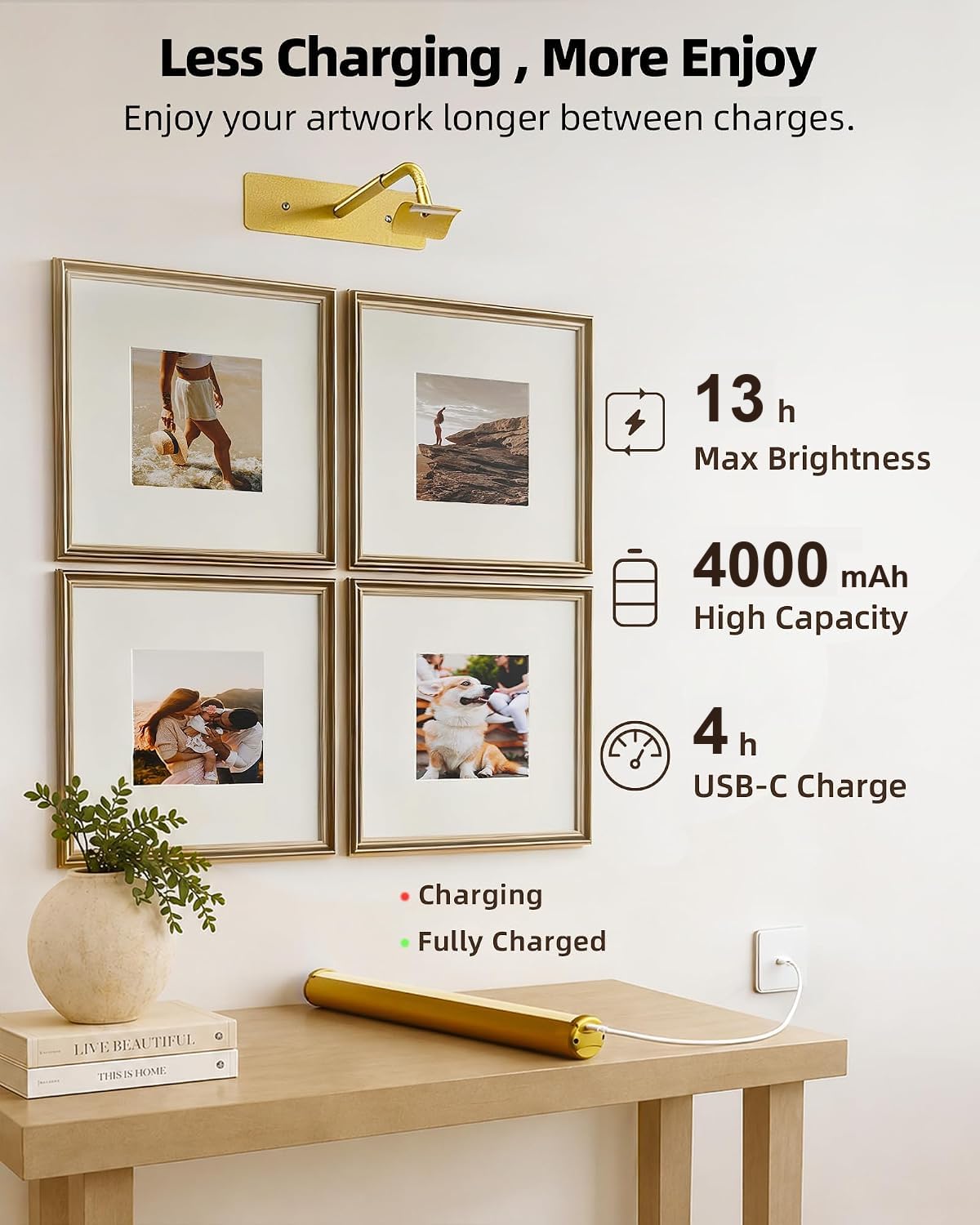 Wireless Picture Light for Wall, 13 Inch 4000mAh Rechargeable Battery Painting Light with Remote, 3 Color Temps
