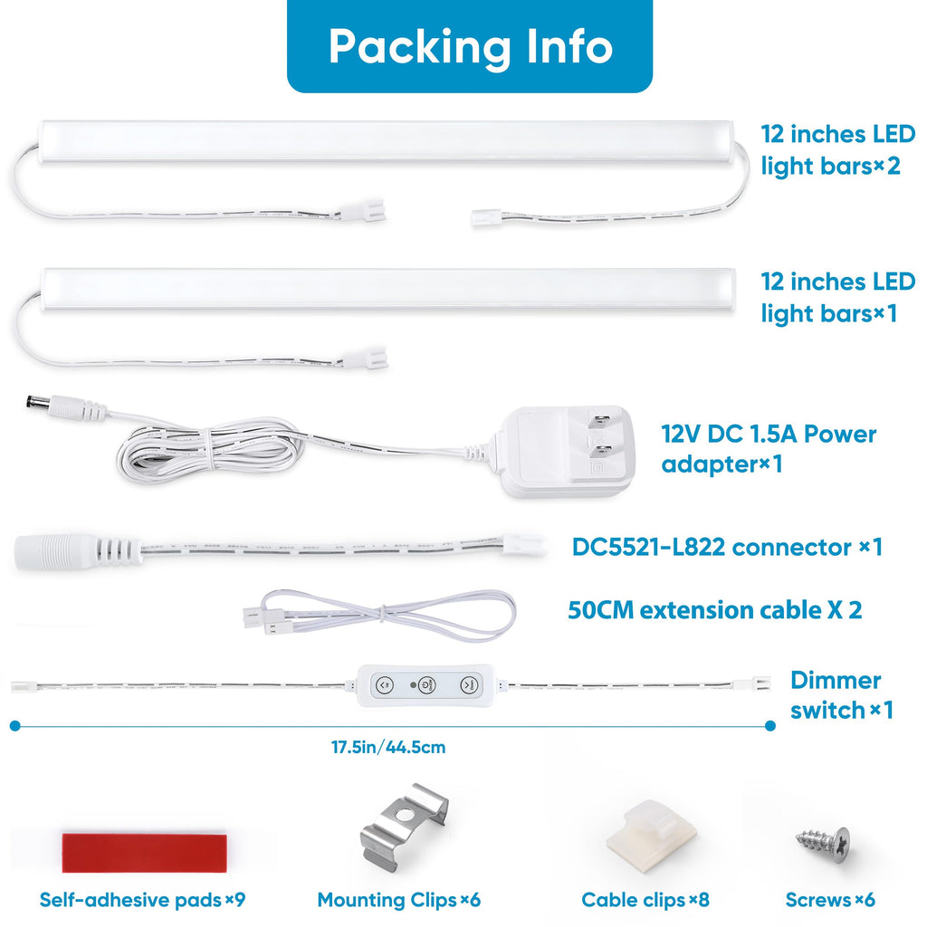 Under Cabinet Lighting Plug in. 3 Light Bar Kit. Warm White