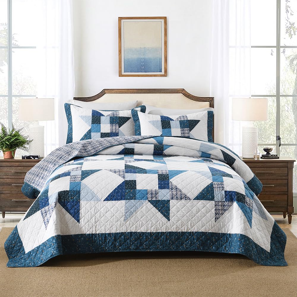 Cotton Quilt Bedding Sets 3 Pieces Soft Reversible Coverlets Luxury Star Real Patchwork Bedspread, Blue White