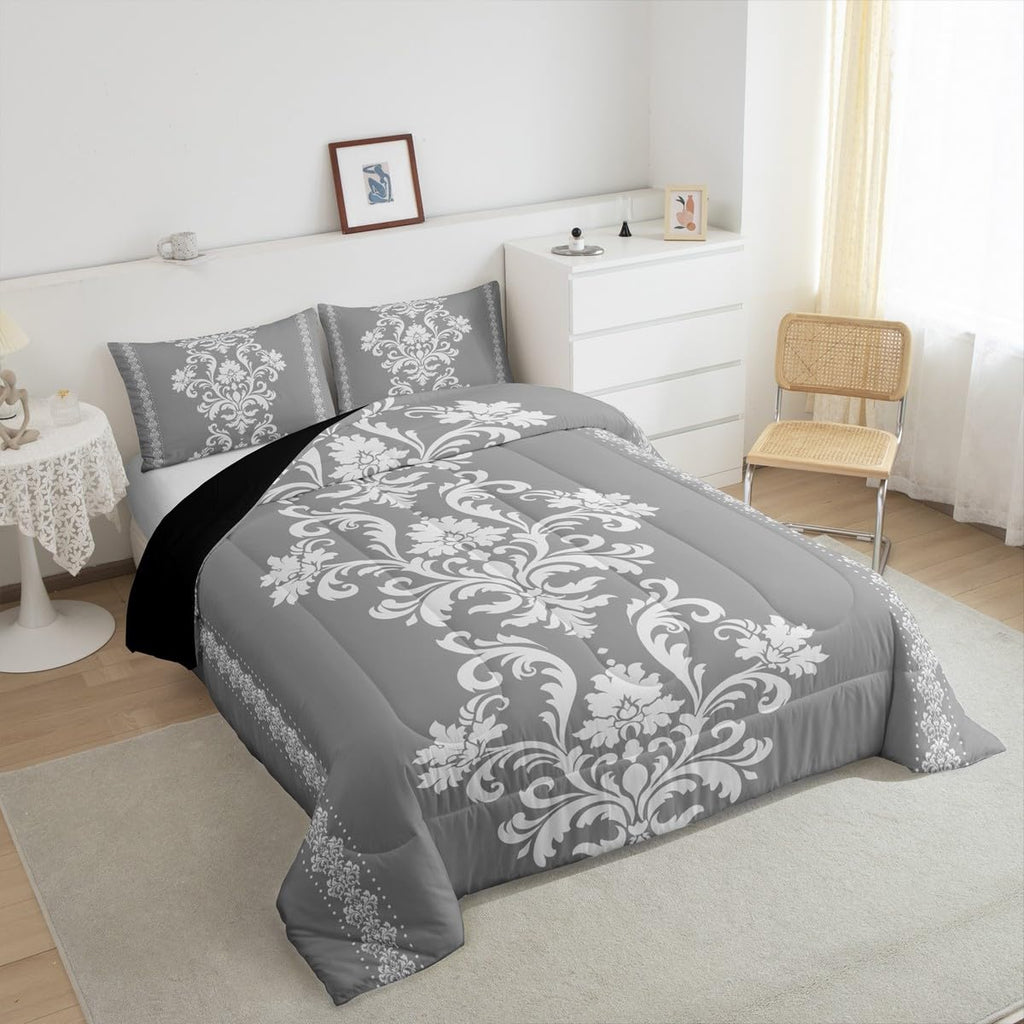 White Grey Damask Print Comforter Set King Size Bedding Set