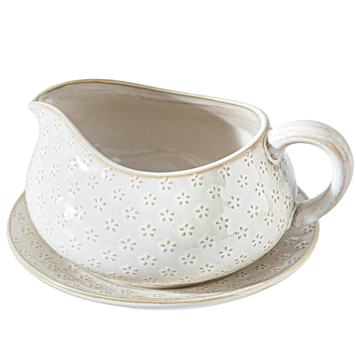 Gravy Boat with Saucer Stand, 24oz Ceramic Sauce Boat, Off-White, Flower