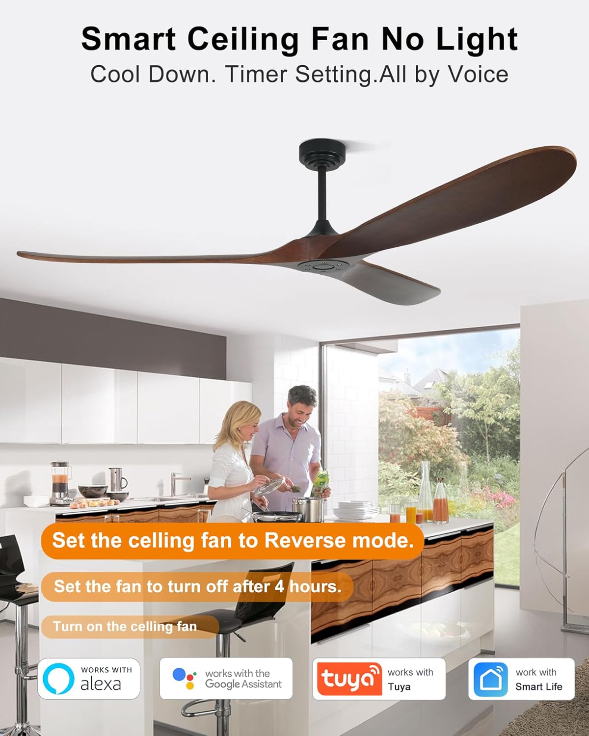 72" Smart Ceiling Fan without Lights, Wood Large Ceiling Fan with Remote Alexa Google App