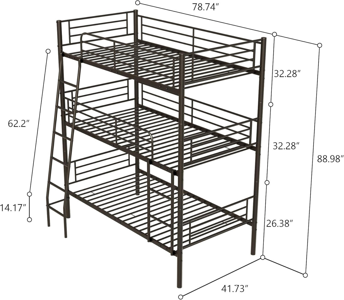 Twin Triple Bunk Bed for 3, bunk Bed for 3 Person, 3 bunk beds for Kids/Adults/Teenagers, Black Split into 3beds