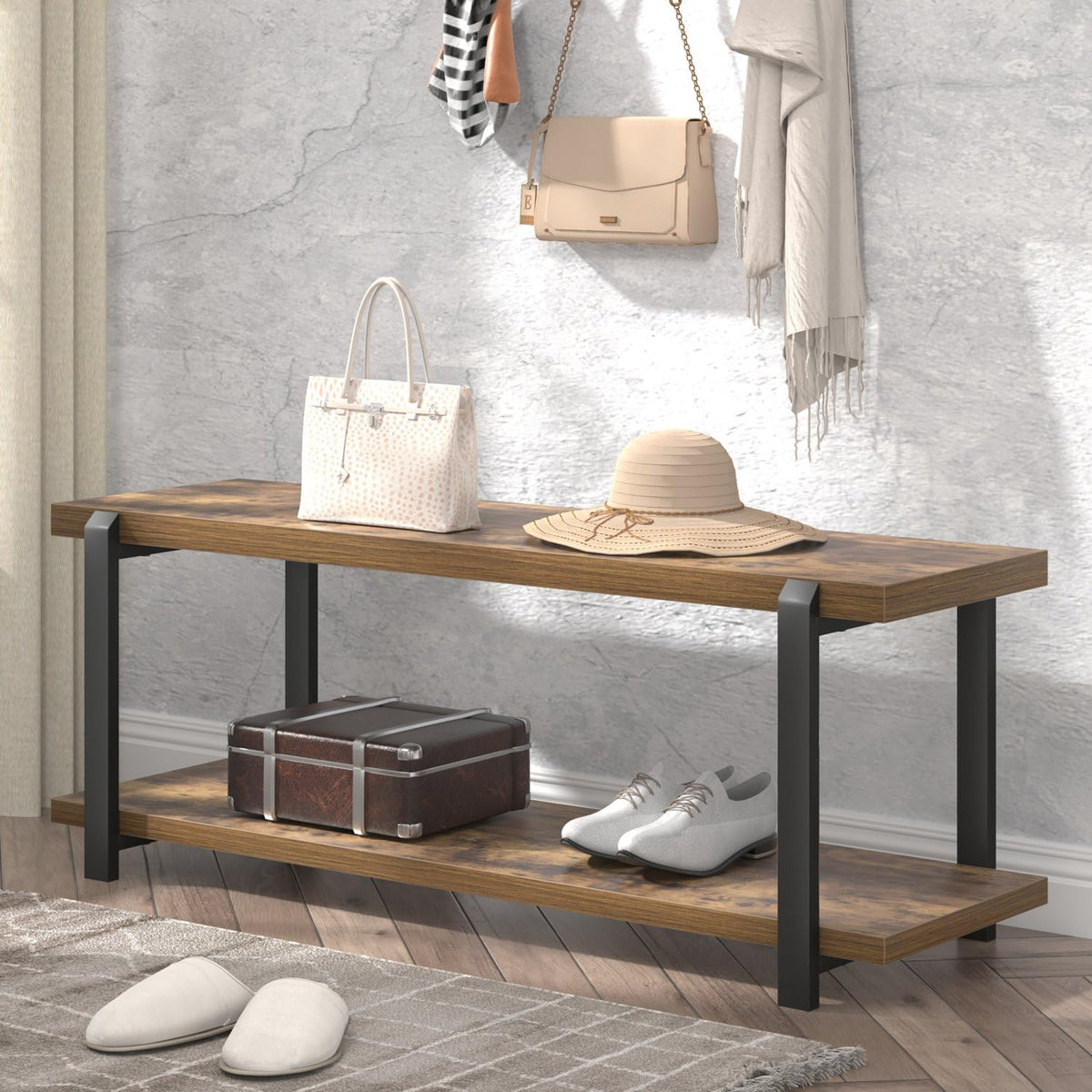 Entryway Bench, Industrial Shoe Storage Bench Bedroom, Rustic Brown