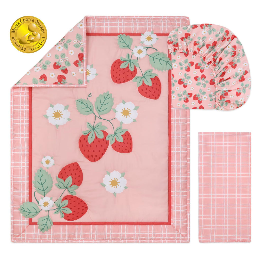 Strawberry Sweet 3-Piece Baby Girl Crib Bedding Set - Pink Nursery Bedding, Crib Comforter & Decor for Newborns and