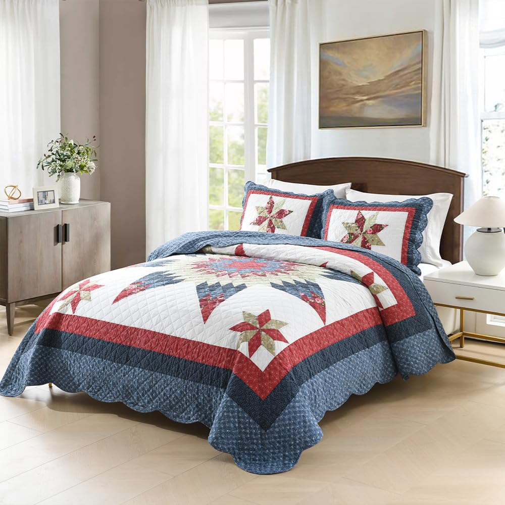 Cotton Quilt Bedding Sets 3 Pieces Soft Reversible Coverlets Luxury Star Handmade Real Patchwork Red Blue Bedspread