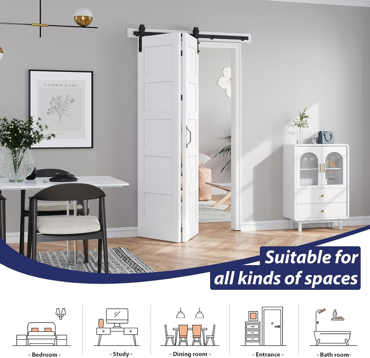 48X84(Double 24x84) Bi-fold Barn Door Folding Doors White with 52" Hardware Kit,Interior Water-Proof PVC Surface for Closet,Assembly Required