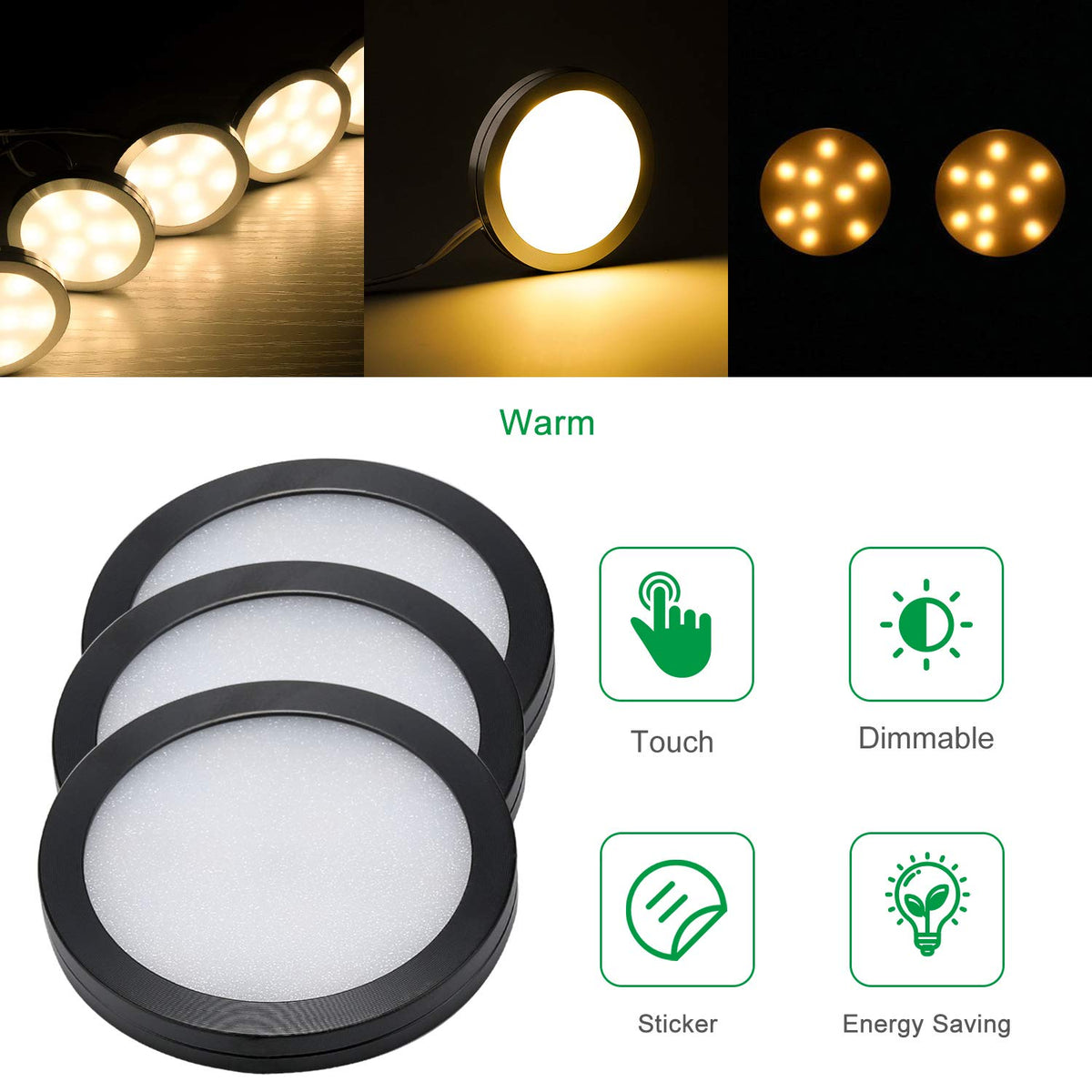Under Cabinet LED Black Cover Puck Lighting Kit with Touch Dimmer Switch Cupboard Closet Lighting (3 Lights,Warm