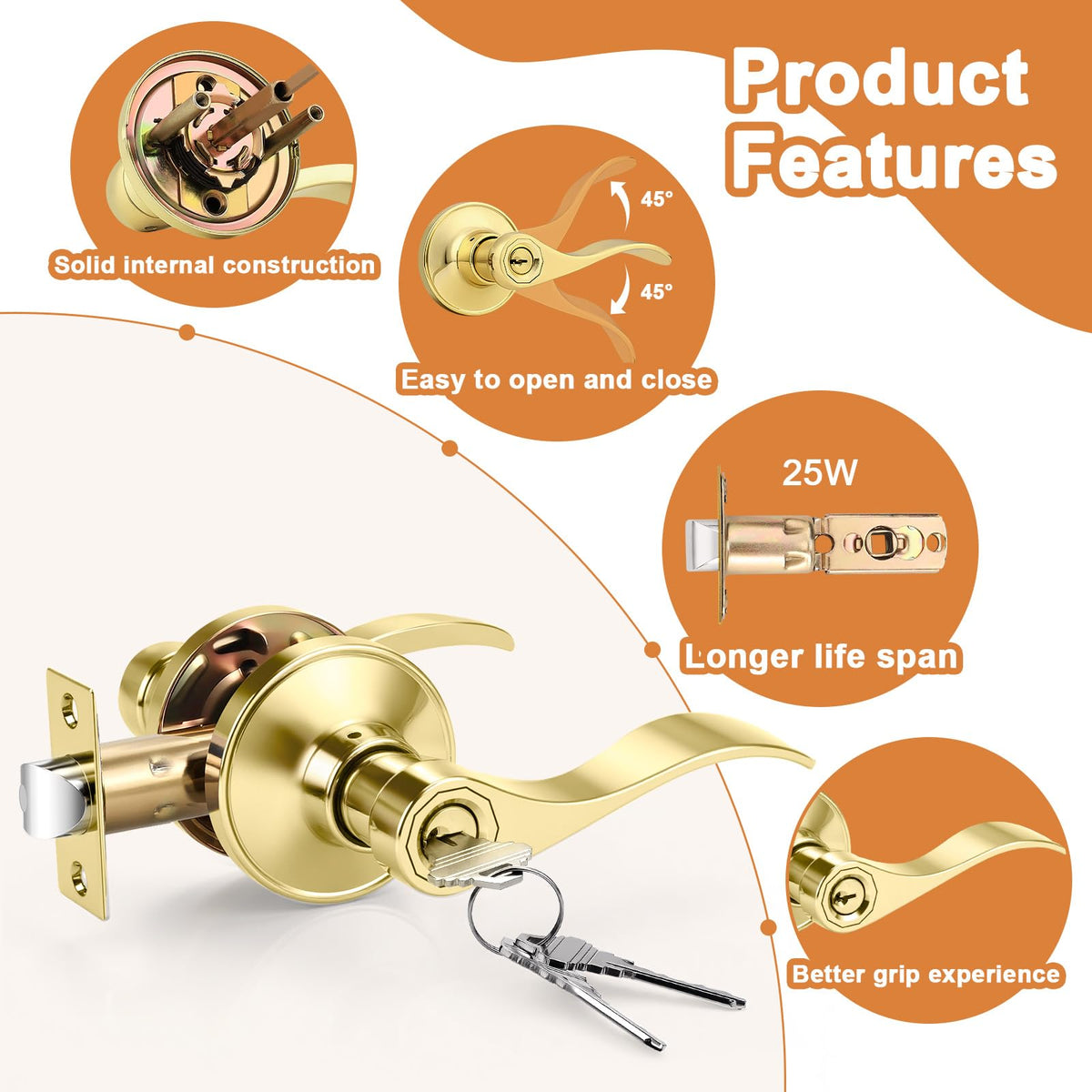 Door Handles Exterior Door Lock Set, Brass Gold Front Door Handle, Entry Door Lever Keyed Alike, 6 Pack