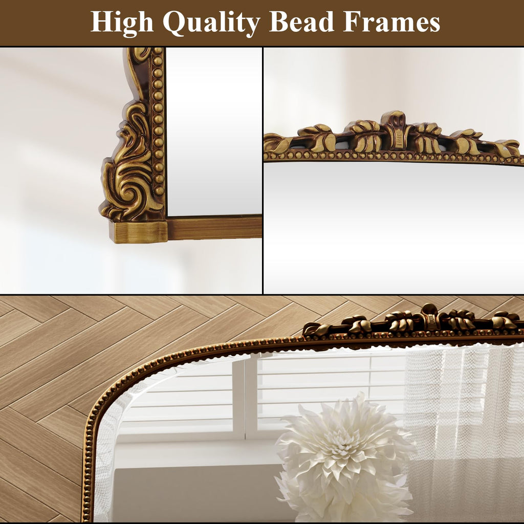 Wall Beaded Mirror, 36 x 27 Inch Round Top Right Angle Wall Mirror, Tempered Glass, Rust Resistant, Horizontally or