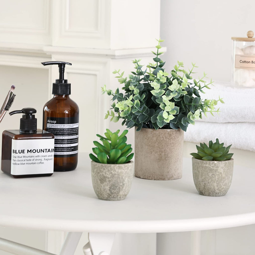 4 Pack Small Fake Plants Eucalyptus Rosemary Succulents Plants Artificial in Pots for Shelf Artificial Greenery