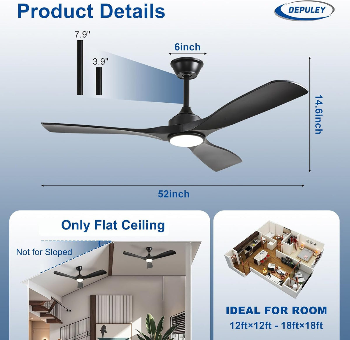 52" Black Indoor/Outdoor Ceiling Fan with Light & Remote