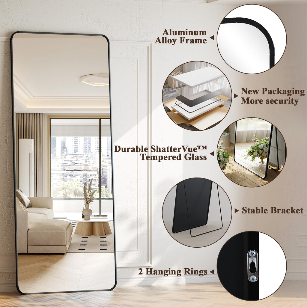 65"x24" Floor Full Length Mirror Standing Full Body Rounded Corner Rectangle Mirrors with Stand Hanging Wall Mounted
