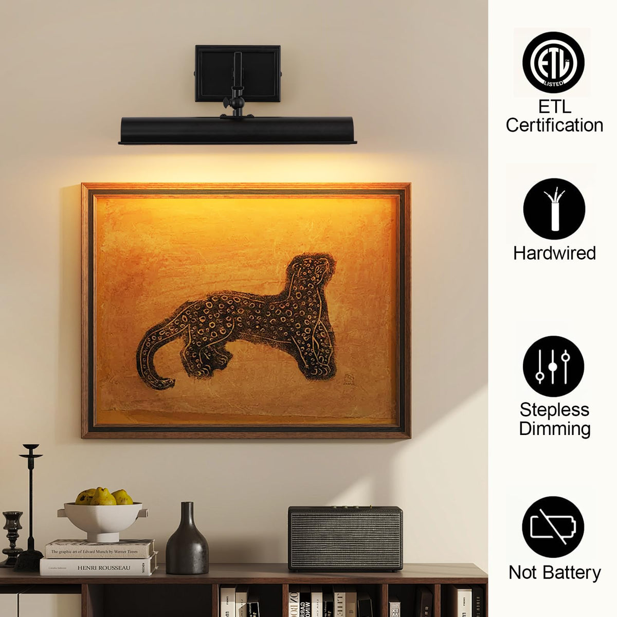 Picture Light for Wall, 12 Inch Black Wall Light Hardwired, 270° Rotatable, E12 Base, 2-Light Picture Frame Lights