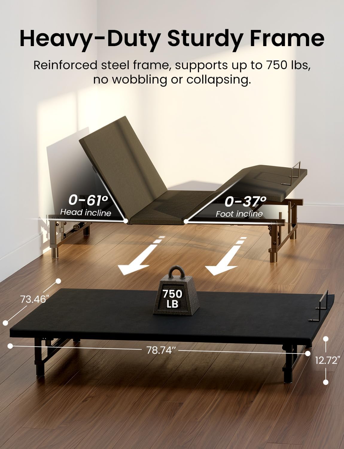 King Size Adjustable Bed Frame with Wireless Remote, Black-B